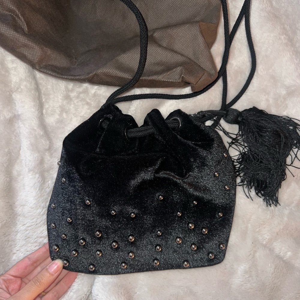 Adolfo Dominguez Black Velvet Studded Shoulder Bag